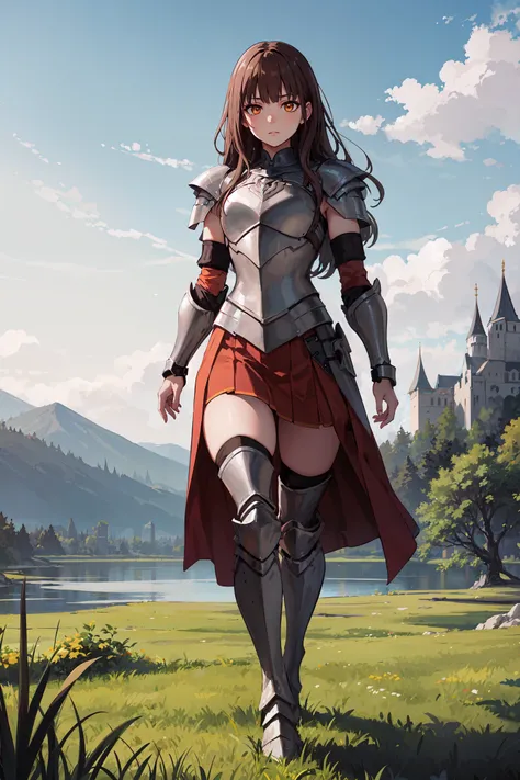 masterpiece, best quality, full body, looking at viewer, expressionless, 1girl, long hair, light brown hair, blunts bangs, orange eyes, armor, skirt, armored boots, walking, outdoors, grass, lake, castle