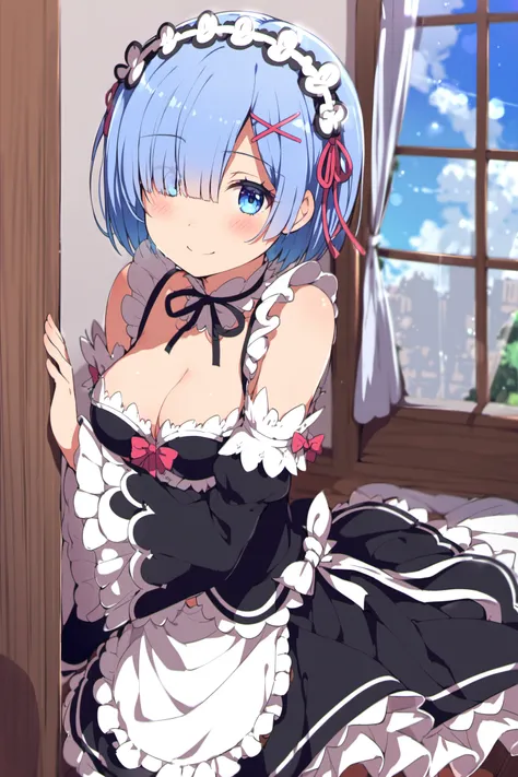 rem (re:zero),1girl,roswaal mansion maid uniform,maid,blue eyes,blue hair,hair over one eye,x hair ornament,short hair,alternate hairstyle,breasts,looking at viewer,detached sleeves,hair ornament,smile,blush,medium breasts,cleavage,maid headdress,ribbon,so...