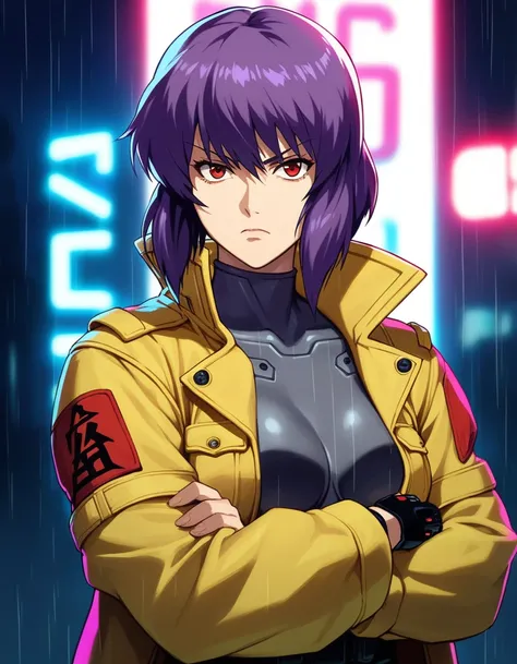 score_9, score_8, score_7, source_anime,
rating_safe,
1girl, solo,
kusanagi motoko, ghost in the shell, purple hair, red eyes, military uniform, yellow coat,
handgun, serious, night, rain, neon lights, cyberpunk