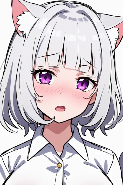 1girl, solo,
short hair, wavy hair, silver hair, blunt bangs, cat ears, cat tail, purple eyes, large breasts, white shirt, collared shirt, button gap, head tilt, nose blush, surprised, open mouth, 
portrait, white background, simple background, sketch,
mas...