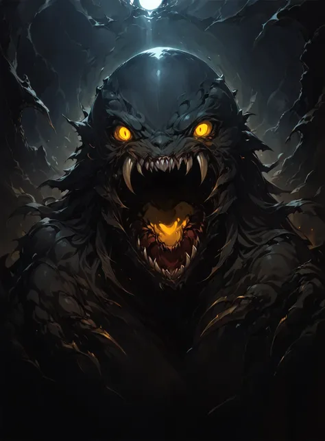 dark,chiaroscuro,low-key,horror (theme),highly detailed,monster,solo,looking at viewer,open mouth,yellow eyes,teeth,sharp teeth,claws,cave,<lora:deepbeastxl-000004:1>,<lora:xl_more_art-full_v1:1>,<lora:zavy-cntrst-sdxl:1.5>,