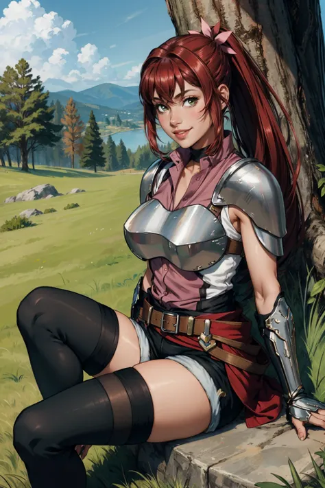 masterpiece, best quality, <lora:dmalise-nvwls-v1-000009:0.9> alise, long ponytail, sleeveless shirt, armor, shoulder armor, black shorts, belt, clothes around waist, black thighhighs, gauntlets, large breasts, smile, sitting, on ground, knees, tree, grass