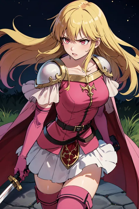 (holding sword:1.2),,  <lora:lachesisV1-2:0.9>,def_lachesis,angry,pink shirt, white shoulder pad, thighhighs, cape, white miniskirt, zettai ryouiki,large breasts,pink elbow gloves, pink thigh boots, belt,pleated skirt,outdoors,night,  (masterpiece, best qu...