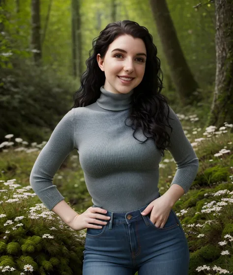 <l2ur1n>, ((nature background)), Ultra-HD-details, nature, upper body, smile, jeans, Turtleneck, Flowers, moss, breast