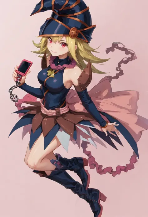 best quality, masterpiece, highres, solo, {gagaga_girl_yugioh:0.90}, 1girl, detached_sleeves, duel_monster, bare_shoulders, skull, smile, boots, chain, cellphone_charm