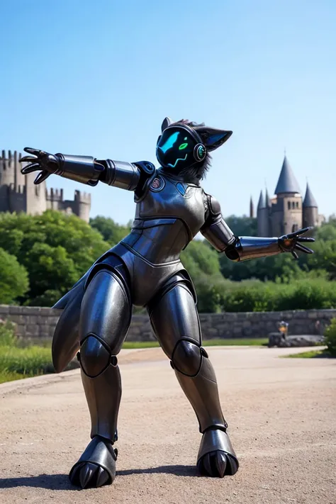 cinematic raw photograph of a knight, plushie-like, protogen, stainless steel armor, living machine, dynamic pose, medieval castle in the background