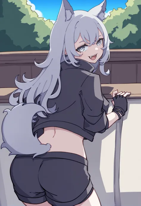 by deaver,  by kame (kamepan44231) , best quality, score_9, BREAK
1girl, lappland (arknights), silver hair,  wolf ears, bandeau, black jacket, black shorts, fangs, fingerless gloves, silver eyes, long hair, open clothes, from behind, bent over, looking at ...