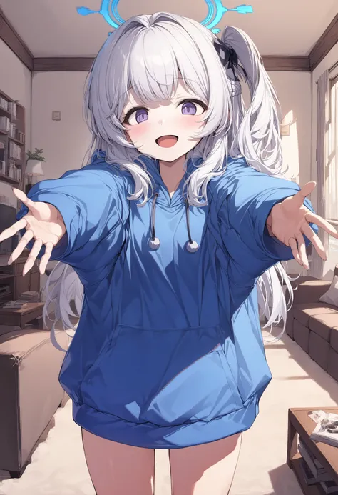 1girl,miyako_(young)_(blue_archive),halo,white hair,purple eyes,one side up,blue hoodie,solo,standing,cowboy shot,outstretched arms,spread arms,sleeves past wrists,smile,open mouth,
indoors,living room,
best quality,highres,extremely beautiful detailed fac...