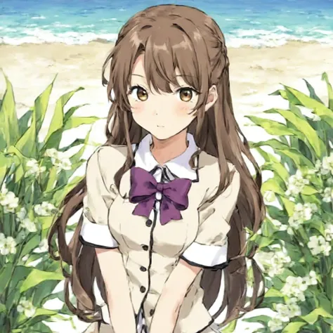 (mhuni34_clothes),1girl,long hair,brown eyes,outdoors,beach,masterpiece, high quality,anime,[purple bow],[buttons],black hair,small breasts,abes567 style,<lora:UniformLoraXL-000005:1> <lora:ABeLoRaXL-000007:0.85>