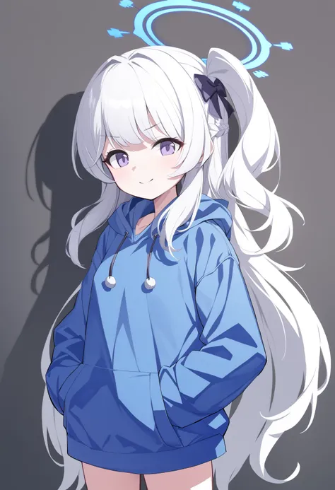 1girl,miyako_(young)_(blue_archive),halo,white hair,very long hair,purple eyes,one side up,blue hoodie,solo,standing,hands in pockets,frown,kind smile,cowboy shot,
simple background,
best quality,highres,extremely beautiful detailed face,best shadow,
<lora...