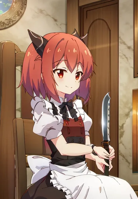 <lora:Killing_Slimes_300_Yrs_Max_Level:1>, Laika, solo, smile, open mouth, shirt, dress, bow, ribbon, sitting, white shirt, upper body, short sleeves, :d, red hair, frills, horns, puffy sleeves, indoors, bowtie, medium hair, apron, puffy short sleeves, loo...