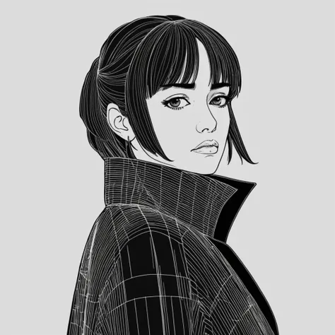 ((90s Anime style illustrattion)) drawing of a face of woman wearing a long matrix coat,2D, ,    <lora:olcooke_xl_1_standard_wo_cap-000060:1>