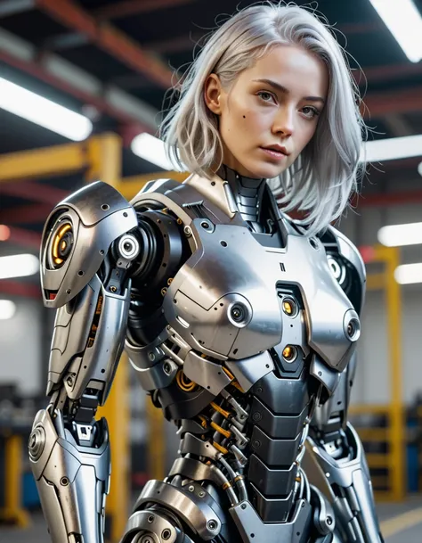 8k, realistic, sexy robot, components with armor mixed, silver hair