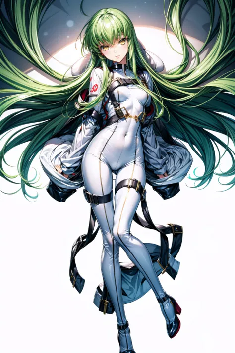 (masterpiece, best quality), <lora:c.c.-lora-Faxtron:0.8> c.c., yellow eyes, green hair, long hair, bangs, medium breasts, full body, bodysuit, covered navel, white bodysuit, straitjacket, shoes,
<lora:add_detail:0.8>,