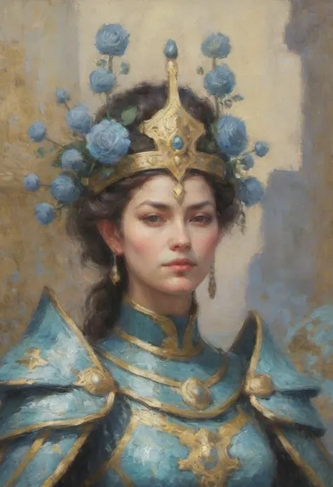 closeup portrait of the luminous queen of faerie with her armored guardsmen marble and onyx throne kintsugi detailing magical realm fantasy scene dramatic light sharp details crown of iron bands and flowers impressionism oil painting