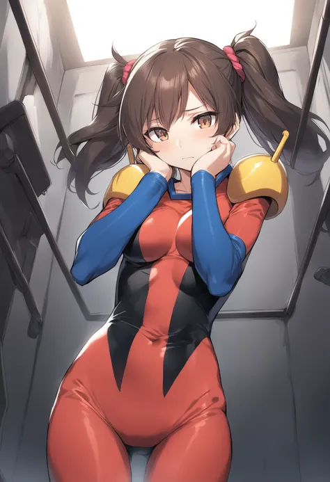 1girl, <lora:sdxl2-flat2-512b:-1>,medium breasts,solo,black hair, brown eyes,twintails,
<lora:mobiletracesuitXLv2:0.8>,mobile trace suit, shoulder armor,
from below, upper body, looking at viewer, facepalm, prison, closed mouth,
best quality,medium quality...