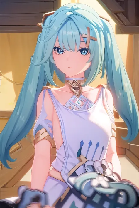 faruzan, <lora:genshin faruzan ingame-lora-nochekaiser:1>,
faruzan, long hair, bangs, hair ornament, twintails, blue hair, ahoge, aqua hair, x hair ornament, cowlick,
BREAK dress, jewelry, white dress, bracelet, shoulder cutout,
BREAK outdoors,
BREAK looki...