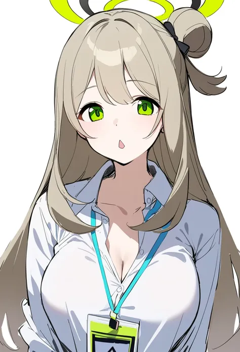 1girl, nonomi (blue archive), blue archive, 
long hair, wavy hair, blonde hair, green eyes, single hair bun, medium breasts, white shirt, collared shirt, lanyard, triangle mouth, halo, 
white background, simple background, sketch, 
masterpiece, best qualit...