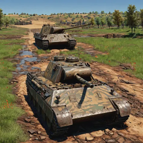 In the aftermath of a battle in the French countryside, a damaged pnthrtnk tank is surrounded by American troops inspecting the vehicle. The interaction captures a moment of quiet following the chaos of battle, with the lush French landscape serving as a b...