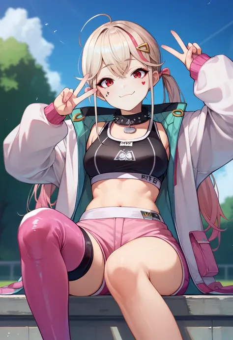 score_9, score_8_up, score_7_up, solo, 1girl, nikkejackal, smile, closed mouth, looking at viewer, sitting, v, ahoge, twintails, hairclip, white jacket, open jacket, sports bra, pink shorts, single thighhigh, pink thighhighs, collar, outdoors <lora:nikke_j...