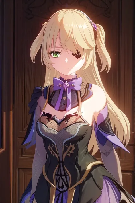 fischl, <lora:genshin fischl ingame-lora-nochekaiser:1>,
fischl, long hair, bangs, blonde hair, ribbon, (green eyes:1.3), hair ribbon, hair over one eye, two side up, eyepatch
BREAK gloves, bow, bare shoulders, black gloves, elbow gloves, bowtie,
BREAK out...