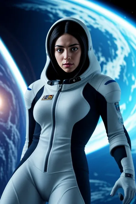 8. A female astronaut (ethnicity: Hispanic, age: late 30s) aboard a space station (setting: futuristic, zero gravity). Shes wearing a high-tech space suit (design: sleek, functional) with the insignia of her space agency. Her hair is floating freely in zer...