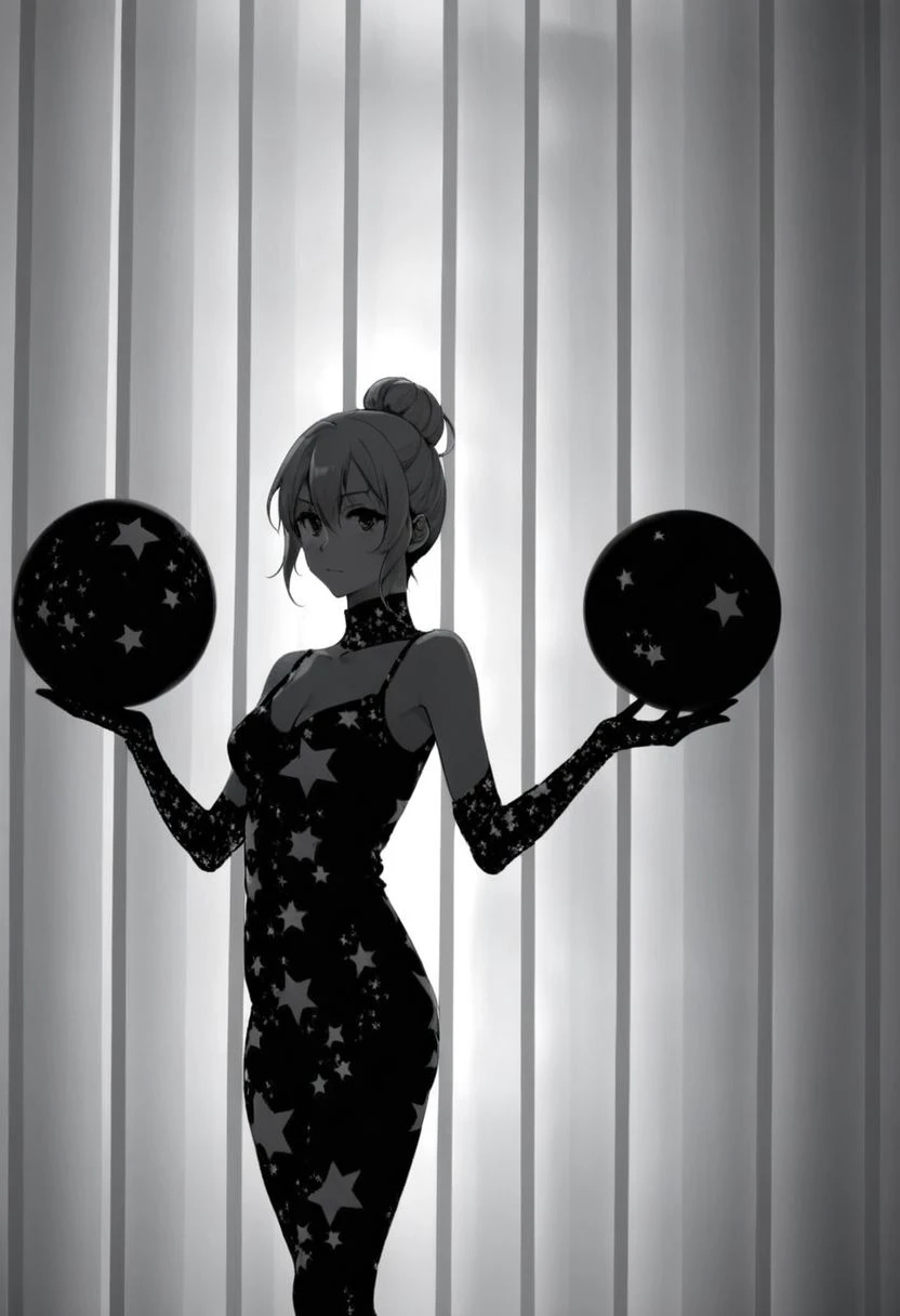 SK_ANIME, 1woman, woman holding spheres, black and white photo