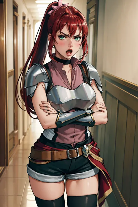 masterpiece, best quality, <lora:dmalise-nvwls-v1-000009:0.9> alise, long ponytail, sleeveless shirt, armor, shoulder armor, black shorts, belt, clothes around waist, black thighhighs, gauntlets, large breasts, furrowed brow, open mouth, annoyed, crossed a...