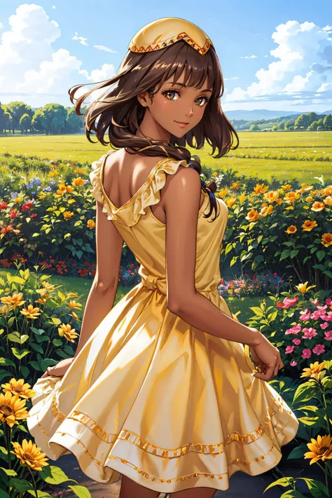 masterpiece, best quality,  <lora:cruxie-nvwls-v1-000010:1> cruxie, dark skin, hat, yellow sundress, from behind, garden, fields, blue sky, smile <lora:edgChamYellowSundress:1> edgYSD,woman wearing a yellow sundress