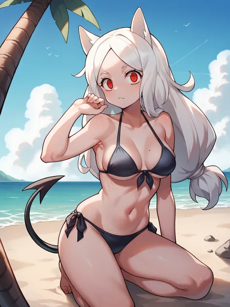 score_9, score_8_up, score_7_up, score_6_up, score_5_up, score_4_up, BREAK, source_cartoon, source_anime,  1girl, cerberus (helltaker), white hair, long hair, red eyes, dog ears, bikini,
looking at viewer, sea, sand, blue sky, tropical island background
<l...