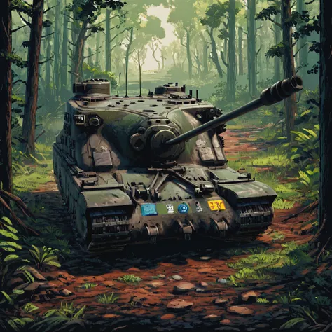 Deep within a dense jungle, a trtsetnk tank carves a path through thick underbrush and towering trees, its dark, bulky form contrasting with the vibrant greenery. Sunlight filters through the canopy, highlighting the moisture and mud clinging to its armor....