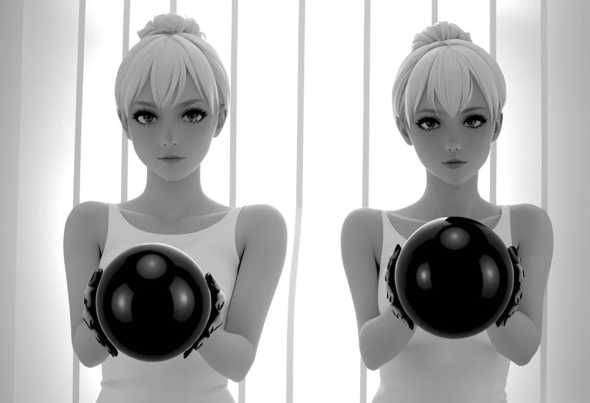 SK_ANIME, focus, 2girls, holding shiny black spheres, black and white