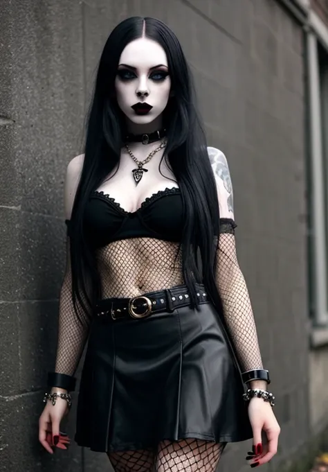 gothic,  1girl, solo, long hair, looking at viewer, skirt, black hair, dress, jewelry, pantyhose, earrings, parted lips, belt, necklace, nail polish, bracelet, torn clothes, tattoo, makeup, chain, lipstick, fishnets, pale skin, black nails, eyeshadow, penc...