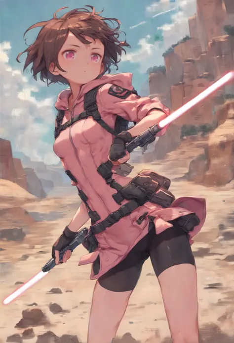 score_9, score_8_up, score_7_up, score_6_up, score_5_up, score_4_up, source_anime,1girl BREAK, solo, brown hair, short hair, pink eyes, pink bodysuit, bike shorts, hip vents, tactical clothes, lightsaber, outdoors, desert <lora:Kuroboshi pony sdxl_lora:1.2...