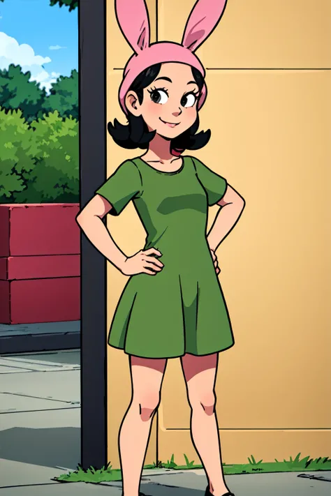 louiseb, bunny hat, 1girl, green dress, solo, black hair, smile, black footwear, short sleeves,looking at viewer, smile, hand on hip,black eyes   <lora:louiseB2.0-000009:0.65>