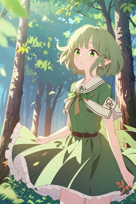 (best quality, masterpiece, highres),1girl,solo,elf,short hair,bangs,translucent dress,green dress,cowboy shot,leaf,day,forest,(looking up:0.9),blurry,wind,light particles,
<lora:BX_Blue Archive style_v1.08:1>,