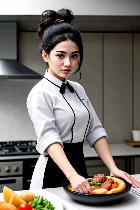 1. A young female chef (ethnicity: Hispanic, age: late 20s) in a bustling gourmet kitchen (setting: contemporary). Shes wearing a stylish, tailored white chefs coat (fabric: stain-resistant cotton) with her name elegantly embroidered, paired with black, co...