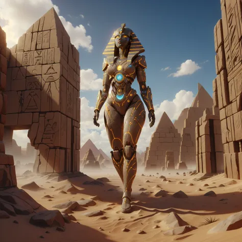 <lora:EgyptTech-30:0.8> egypttech ,scifi, hieroglyphs, sandstone,
synthetic girl , full body, on a hill, long hair, epic scenery,walking,