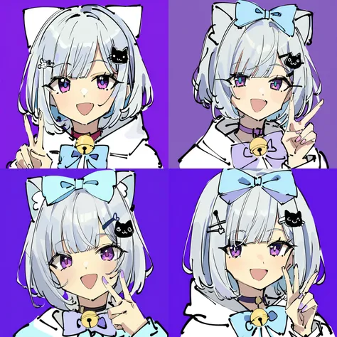 1girl, solo, bow, (unfinished:1.3), v, smile, hair ornament, purple eyes, grey hair, purple background, blue bow, looking at viewer, short hair, bell, purple bow, hair bow, virtual youtuber, open mouth, hairclip, portrait, simple background, cat hair ornam...