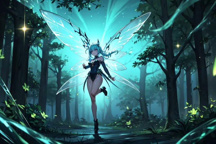 In the depths of the bioluminescent forest, where natures magic weaves its spell, a breathtaking sight unfolds. A beautiful fairy girl, adorned with delicate wings that shimmer with an iridescent glow, spreads them wide, casting a radiant spectrum of color...