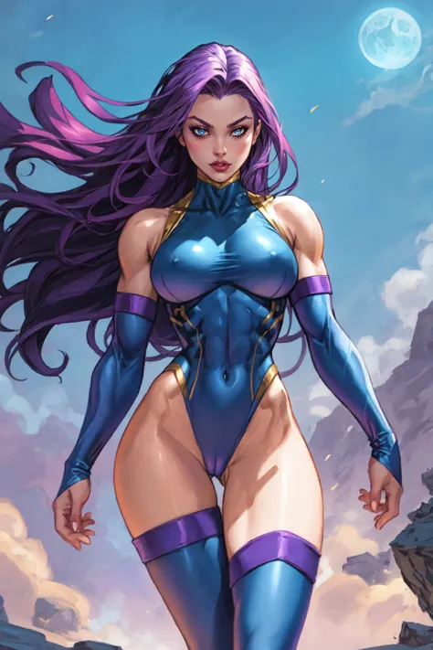 Joe Madureira Style, 1girl, solo, long hair, large breasts, purple hair, thighhighs, gloves, very long hair, elbow gloves, leotard, lips, makeup, muscular, halterneck, highleg, thigh gap, abs, lipstick, gauntlets, highleg leotard, clenched hands, muscular ...