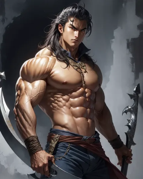 best quality,masterpiece,highly detailed,ultra-detailed, 
 <lora:neg4all_bdsqlsz_V3.5:-1>   <lora:HKmanga:1> hkmanga, male focus, 1boy, solo, weapon, black hair, muscular, looking at viewer,fig