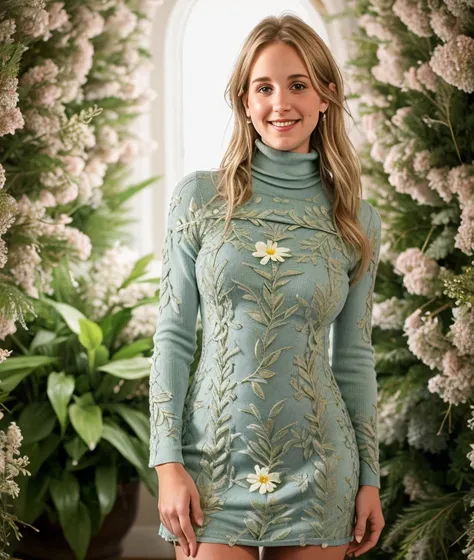 <s3w4mm2>, ((nature background)), Ultra-HD-details, nature, upper body, smile, Flowers, breast, large breast, intricate, ((Soft Touch Turtleneck Dress))