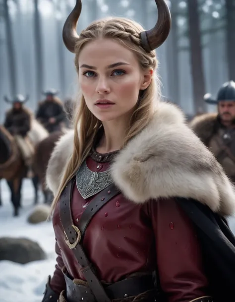 cinematic film still Capture the indomitable spirit of a beautiful Viking Age princess warrior, cowboy shot, standing triumphantly amidst the chaos of a brutal skirmish, wearing luxurious furs and distressed leathers, she embodies sophisticated savagery, c...