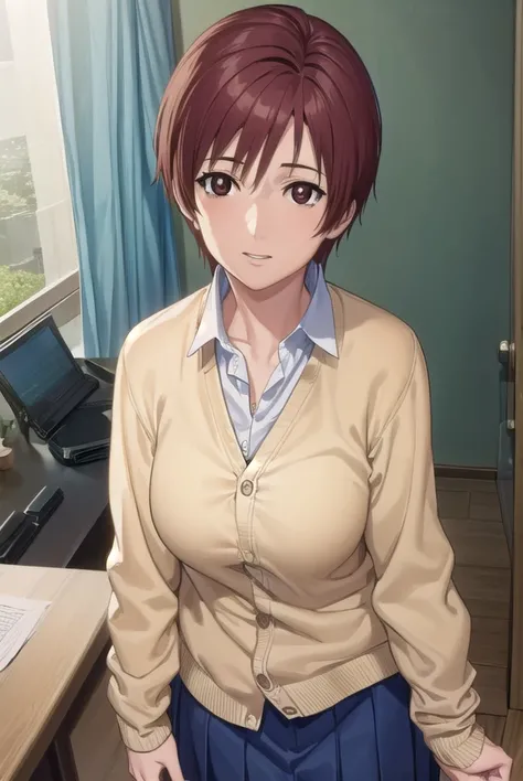 keikishimoto, <lora:kei kishimoto-lora-nochekaiser:1>, 
kei kishimoto, short hair, (brown eyes:1.5), red hair, smile,
BREAK skirt, school uniform, cardigan, blue skirt, shirt, white shirt, collared shirt,
BREAK indoors, classroom,
BREAK looking at viewer, ...