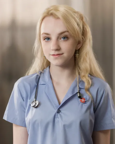 a picture of luna lovegood,blonde, blue eyes, luna, realistic, photorealistic, detailed skin, surface scattering, bokeh, skin pores,<lora:luna lovegood (ema):1>full bodyshot,wearing a (nurse:1.3) outfit