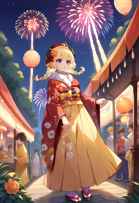 score_9, score_8_up, score_7_up, WatameNewYears, twin braids, hair flower, red kimono, yellow hakama skirt, bow, floral print, sash, fur scarf, hat, outdoors, festival, night, fireworks, <lora:CHAR-TsunomakiWatamePonyXL:1>