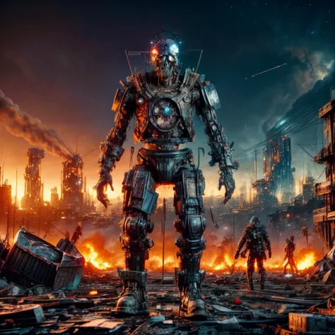 TrashPunkStyle, <lora:TrashPunkStyle:0.5>,sky, giant trashpunk robot with robotic skull head destroying fire,scorched buildings,ashes in the air,epic fire scene,building,star (sky),scenery,science fiction,6+boys,city,giant,spacecraft,cyberpunk,6+others,nig...