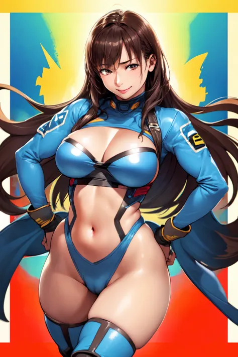 (best quality:1.2), 1girl, solo, large breasts, wide hips, smile, brown hair, hands on hips, wide hips, thick thighs, navel, race queen, full shot,
<lora:kishizukakenji-07:0.9>