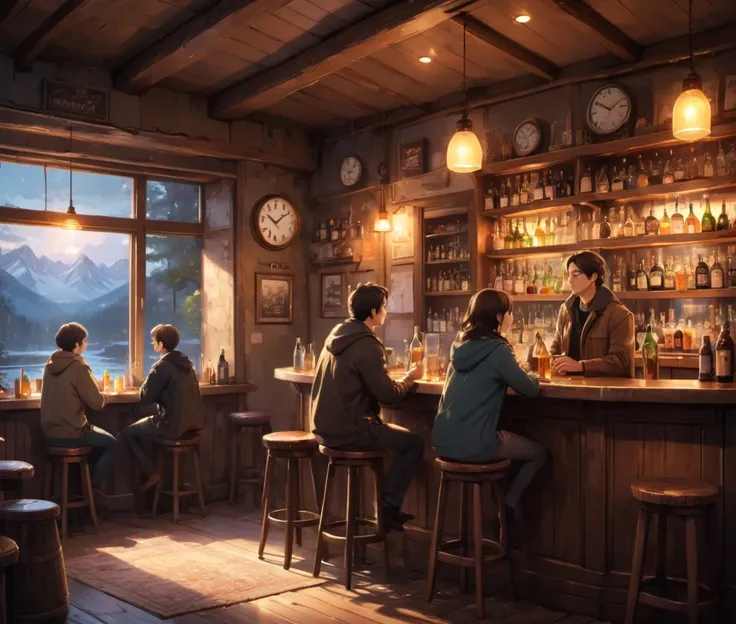 <lora:Dreamyvibes - Alt-Version - Trigger is Dreamyvibes Artstyle:1>    dreamyvibes artstyle , a cozy bar with  three people  sitting at  the bar counter , enjoying a drink and the warm atmosphere. The bar is adorned with  several stools , and there are  s...